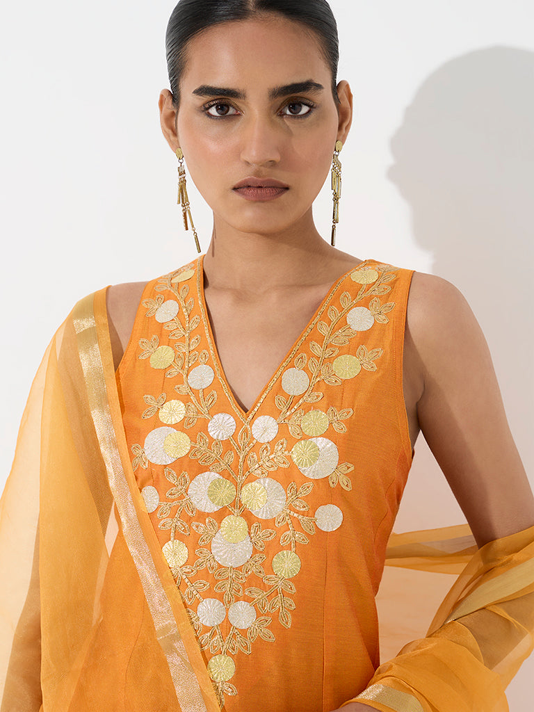 Vark Orange Floral Embroidered A-Line Ethnic Set