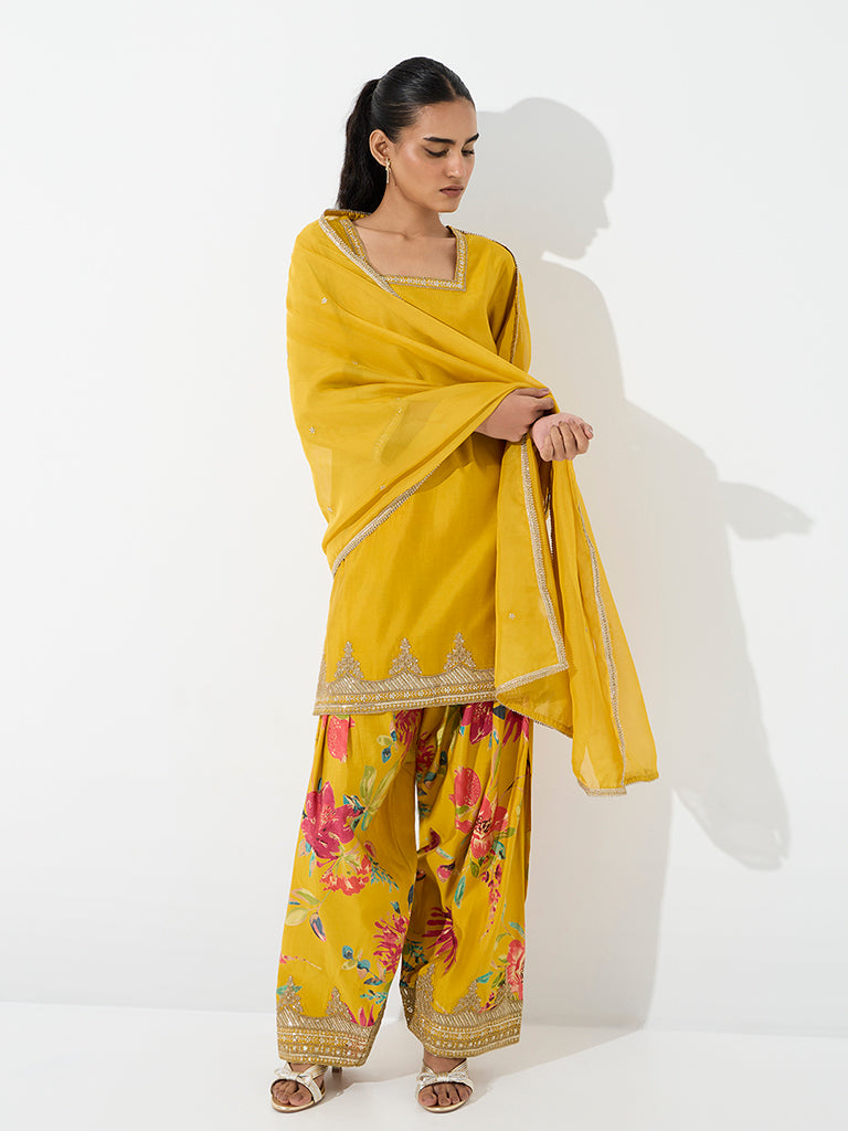 Vark Mustard Zari Embroidered A-Line Kurta and Farshi Salwar Set