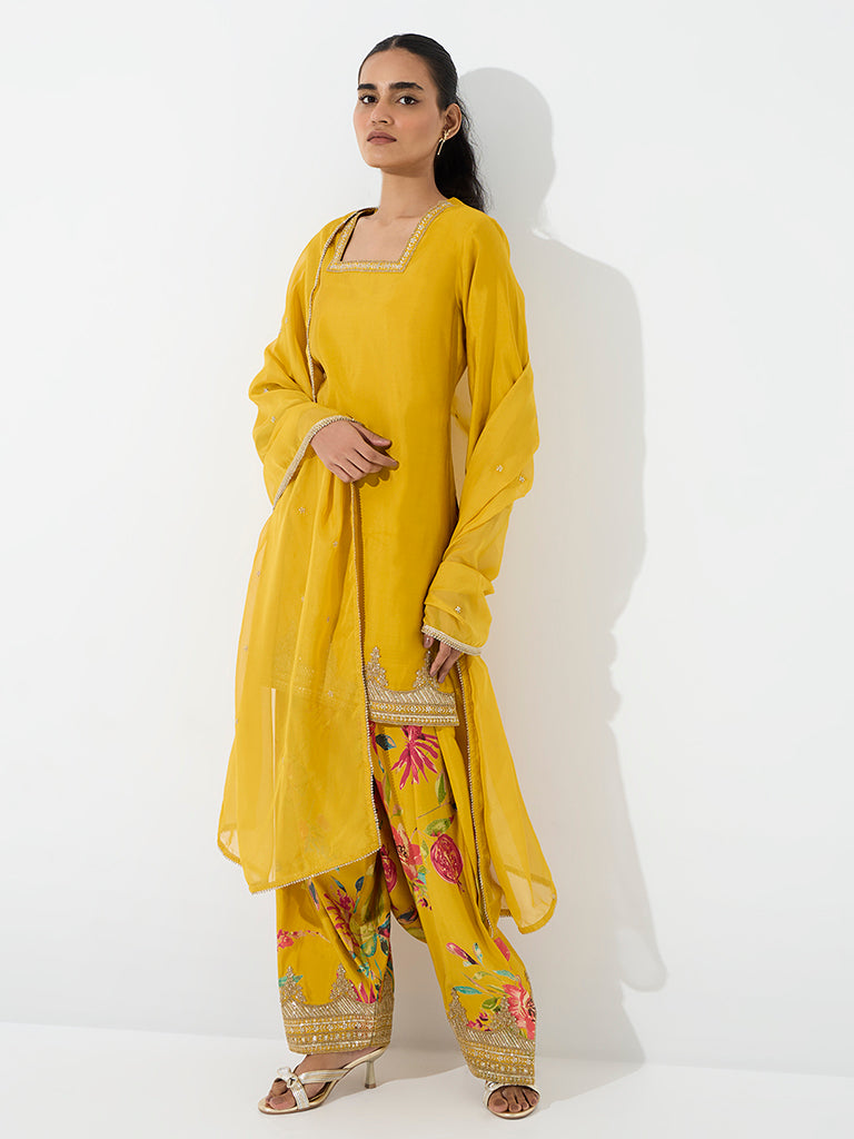 Vark Mustard Zari Embroidered A-Line Kurta and Farshi Salwar Set