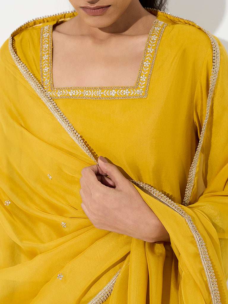 Vark Mustard Zari Embroidered A-Line Kurta and Farshi Salwar Set