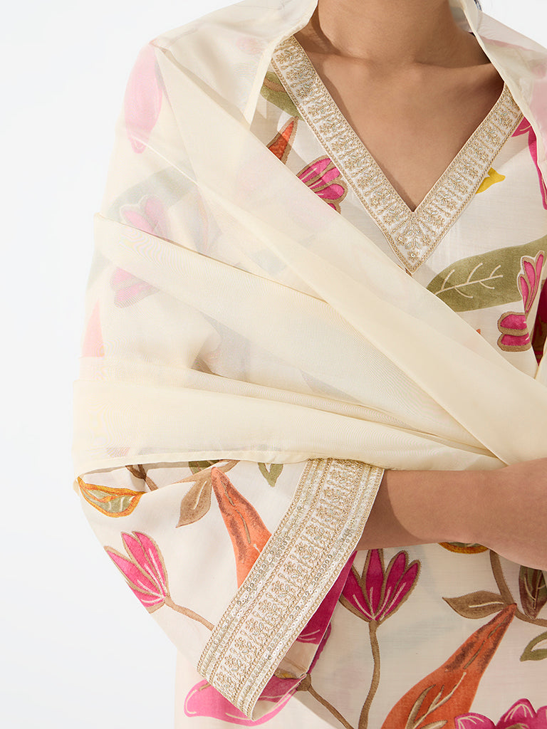 Vark Off-White Floral Printed A-Line Ethnic Set
