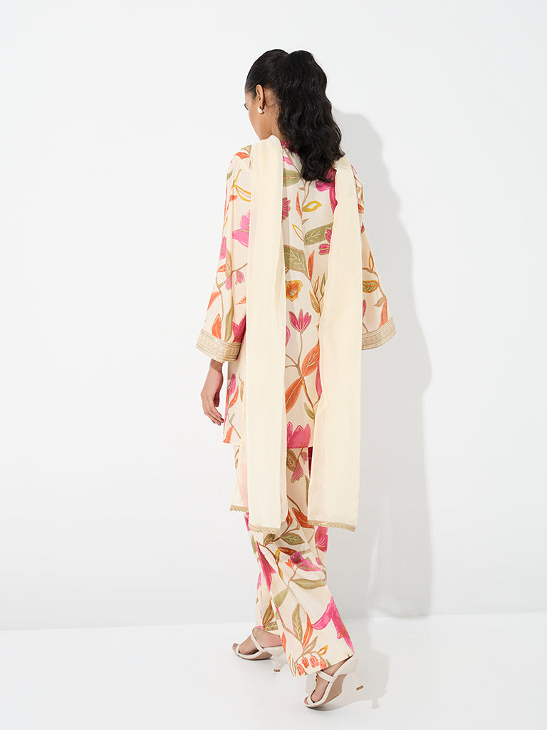 Vark Off-White Floral Printed A-Line Ethnic Set