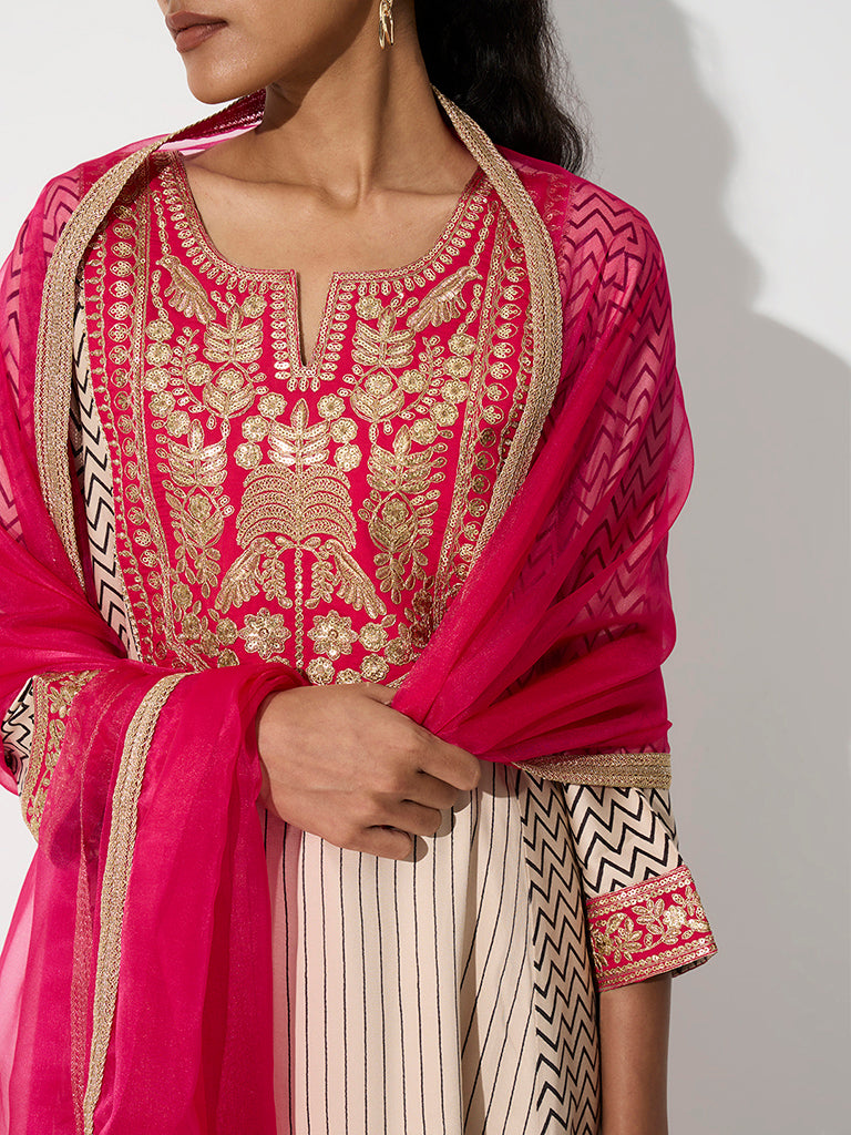 Vark Multicolour Floral Embroidered A-Line Ethnic Set