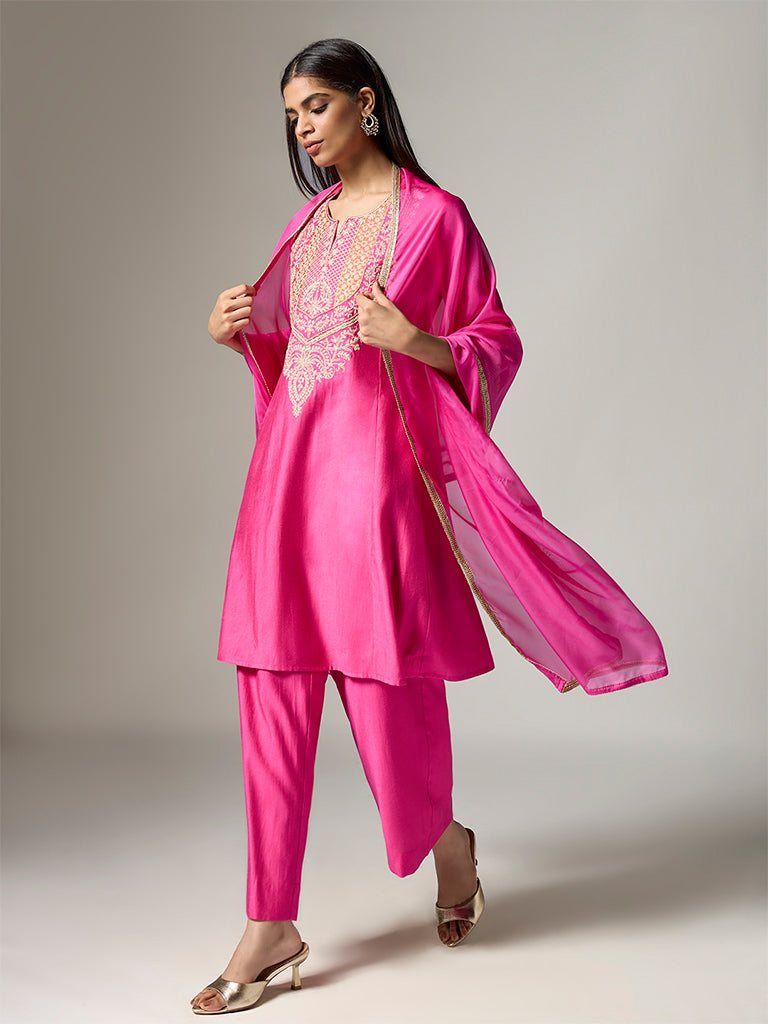 Vark Fuchsia Embellished A-Line Ethnic Set