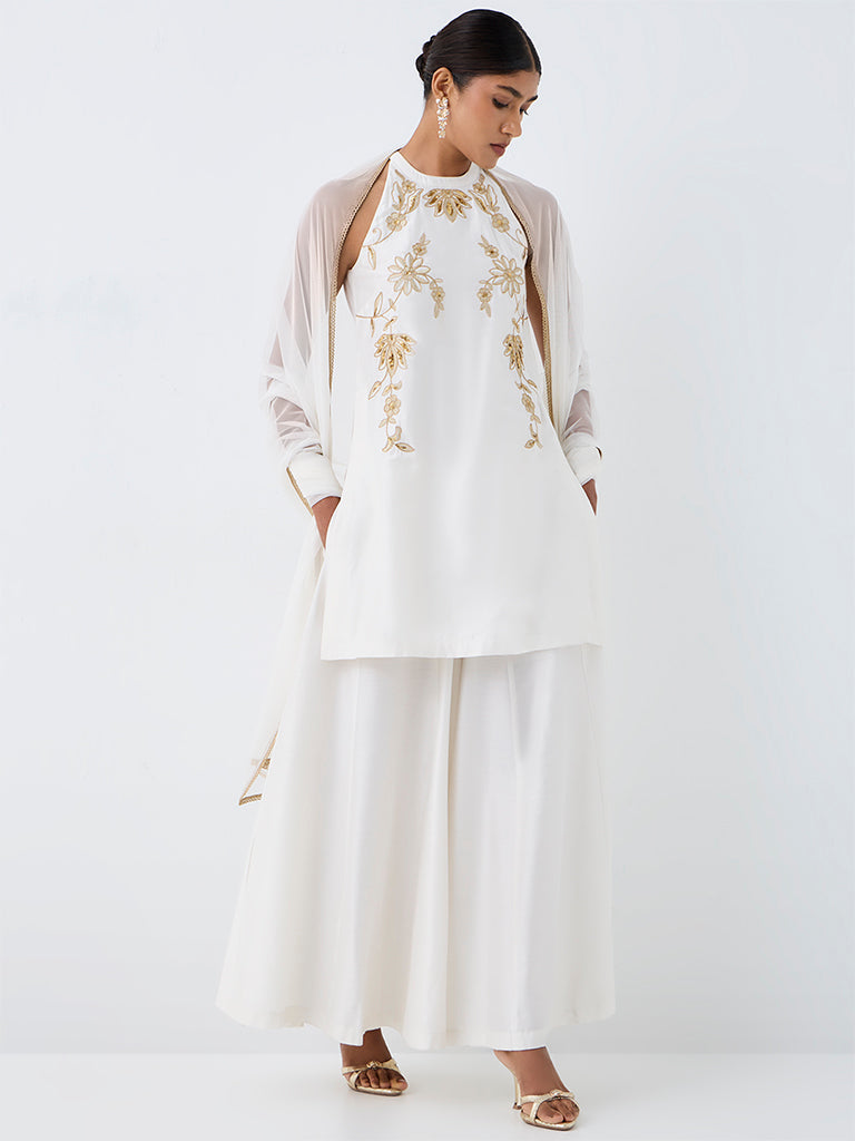 Vark Ivory Floral Embroidered Short Kurta and Flared Palazzos Set