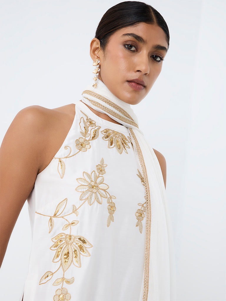Vark Ivory Floral Embroidered Short Kurta and Flared Palazzos Set