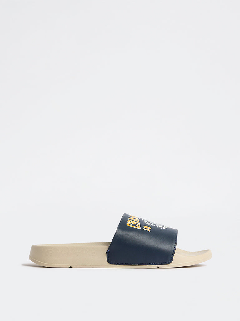 SOLEPLAY Navy Text-Detail Pool Slides
