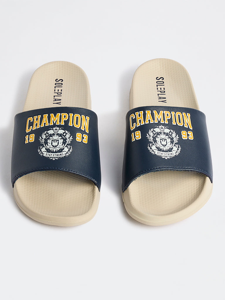 SOLEPLAY Navy Text-Detail Pool Slides