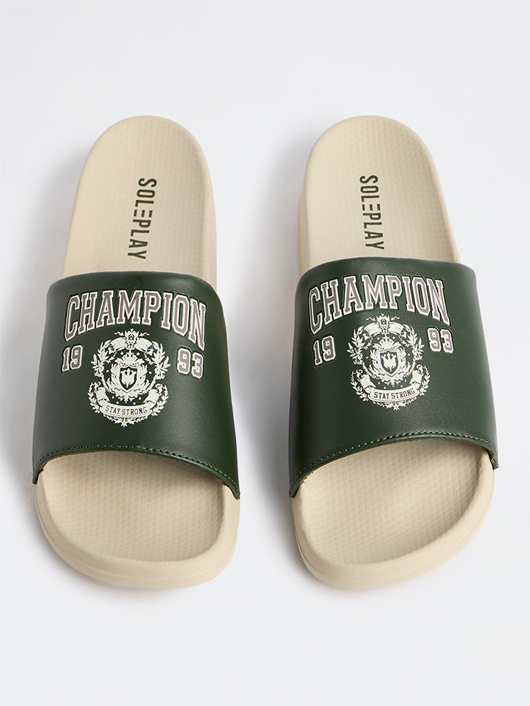 SOLEPLAY Dark Green Text Printed Pool Slides