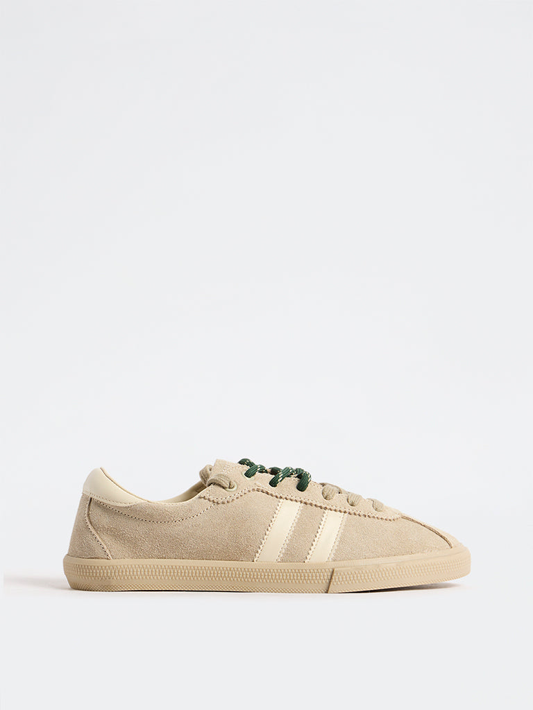 LUNA BLU Light Beige Striped Lace-Up Suede Sneakers