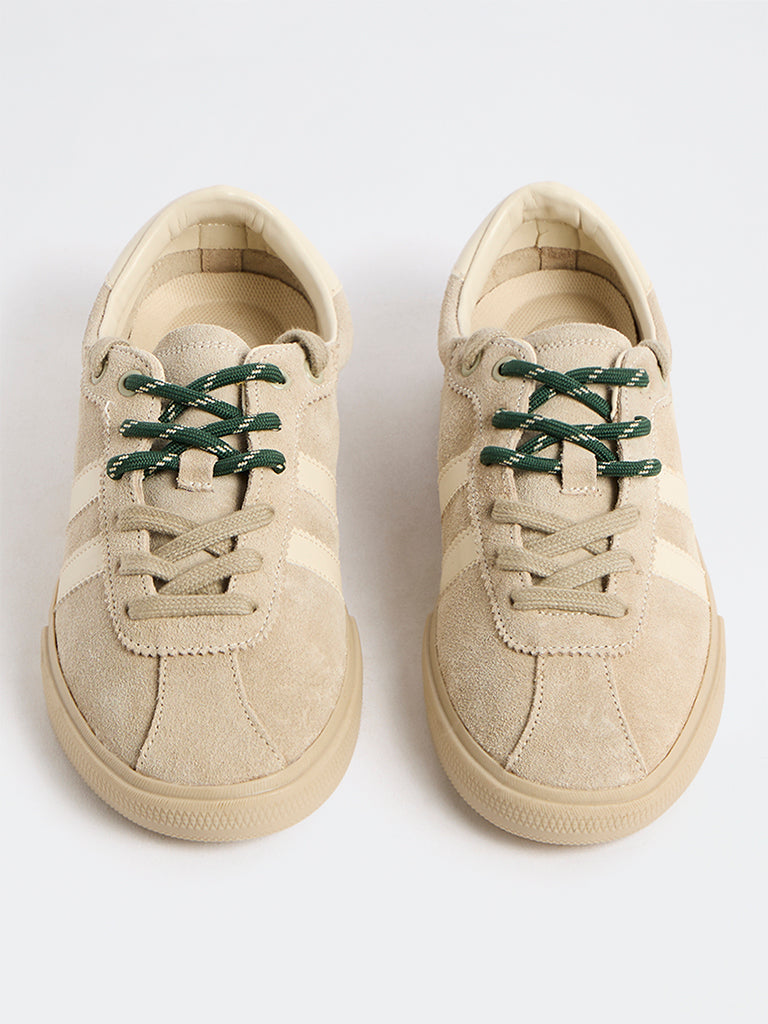 LUNA BLU Light Beige Striped Lace-Up Suede Sneakers