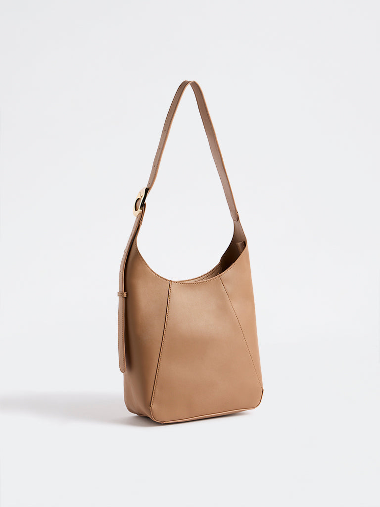Westside Light Brown Buckle-Detail Shoulder Bag