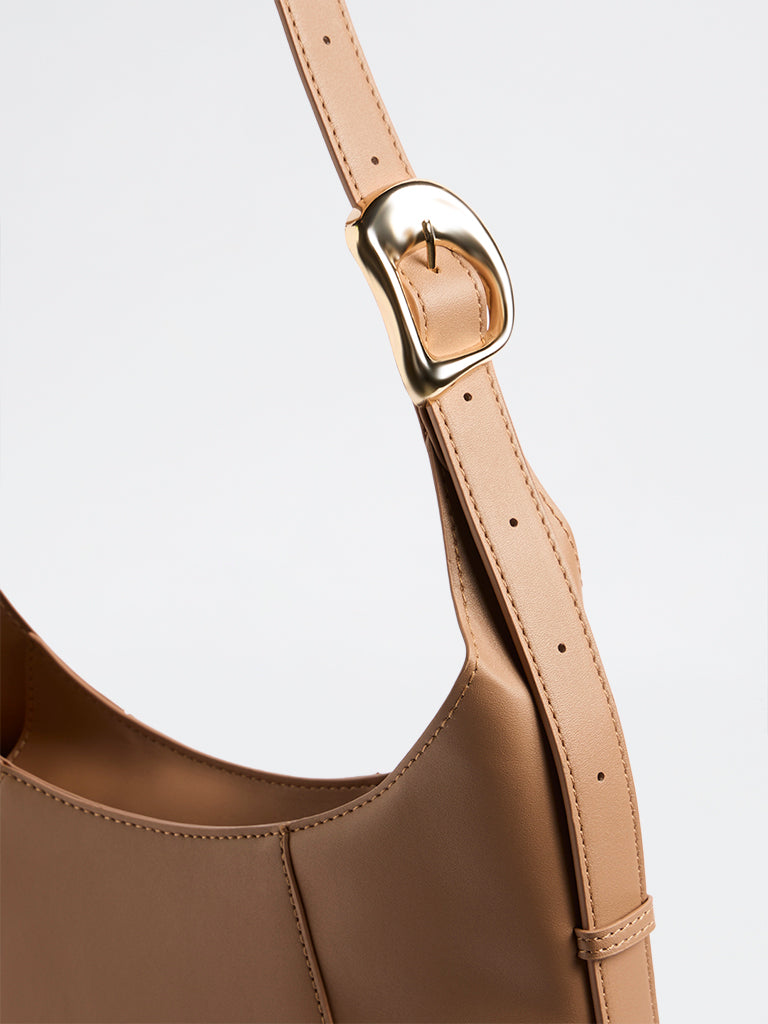 Westside Light Brown Buckle-Detail Shoulder Bag