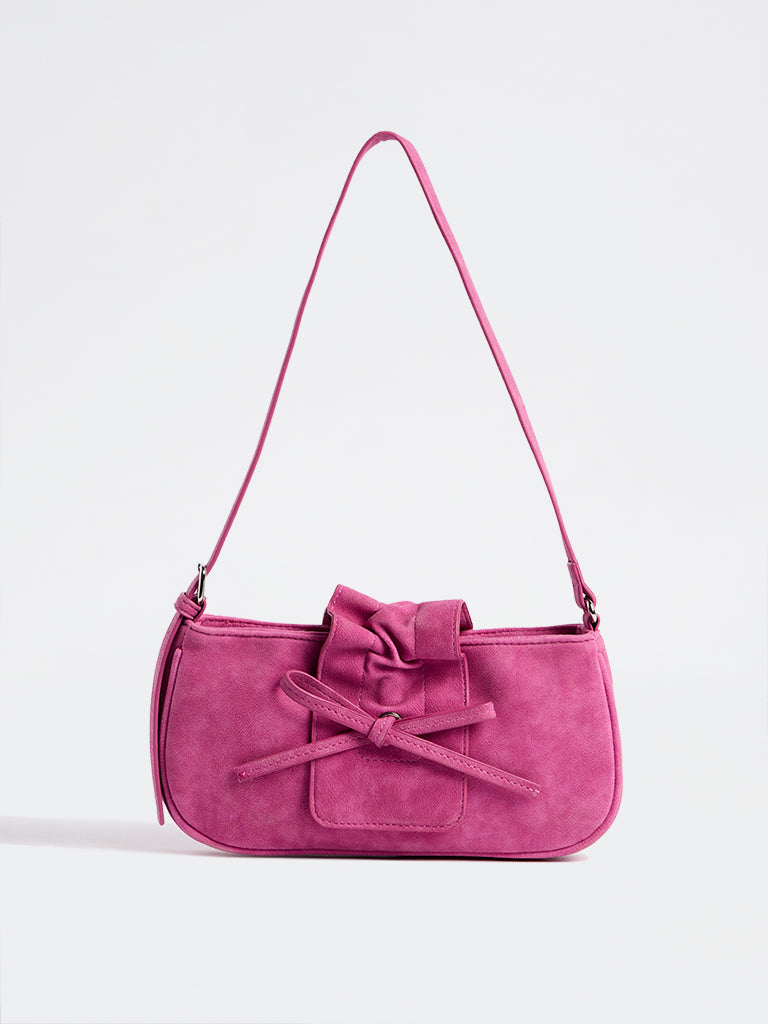 Westside Fuchsia Ruffle Bow-Detail Suede Shoulder Bag