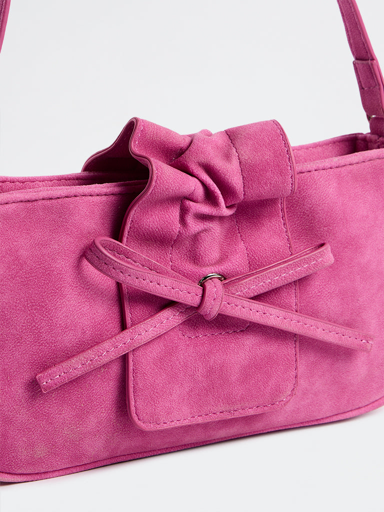 Westside Fuchsia Ruffle Bow-Detail Suede Shoulder Bag
