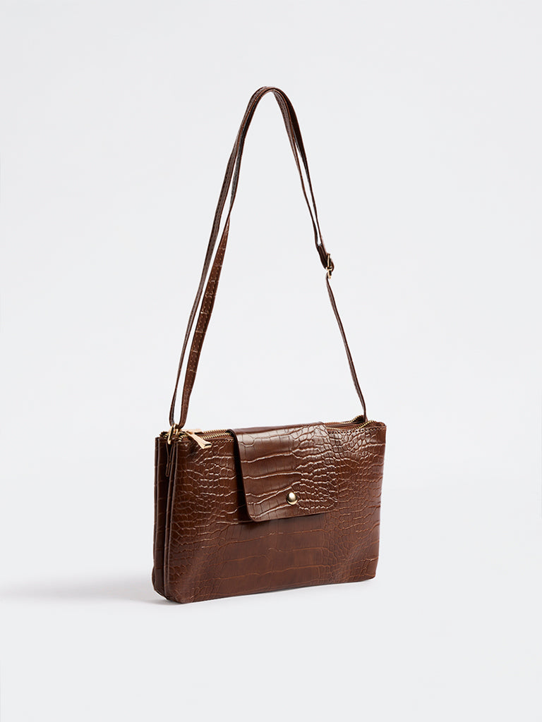 Westside Brown Textured Crossbody Sling Bag