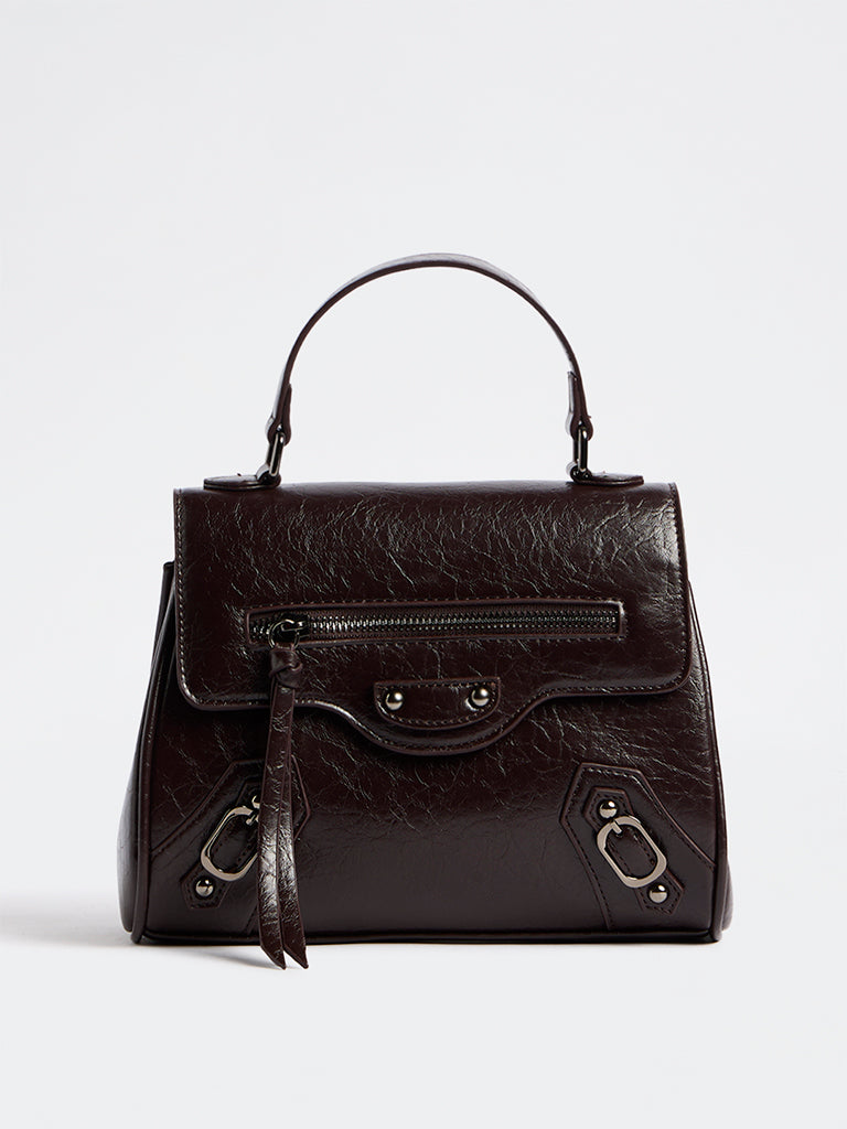 Westside Dark Brown Textured Geometric Crossbody Sling Bag
