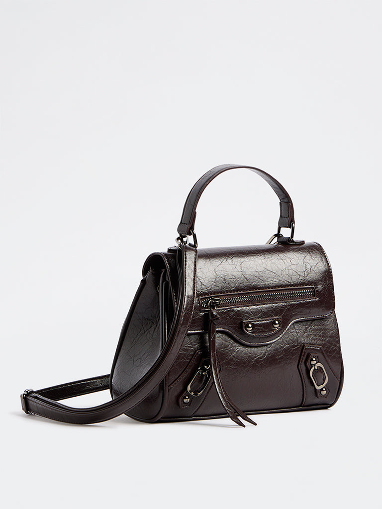 Westside Dark Brown Textured Geometric Crossbody Sling Bag