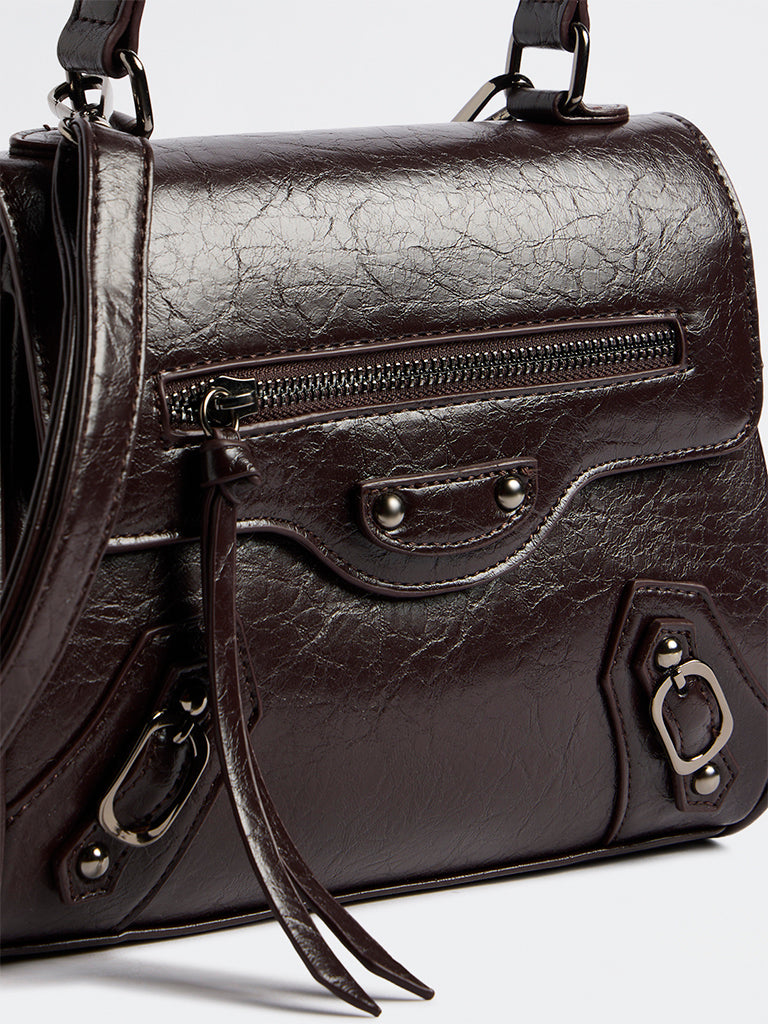Westside Dark Brown Textured Geometric Crossbody Sling Bag