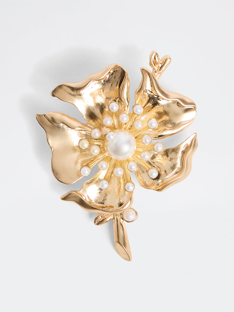 Westside Accessories Gold Pearl Detailed Floral Brooch