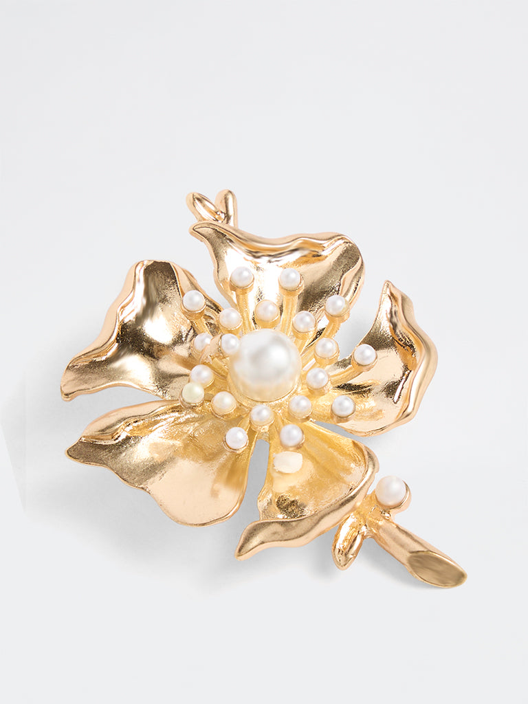 Westside Accessories Gold Pearl Detailed Floral Brooch