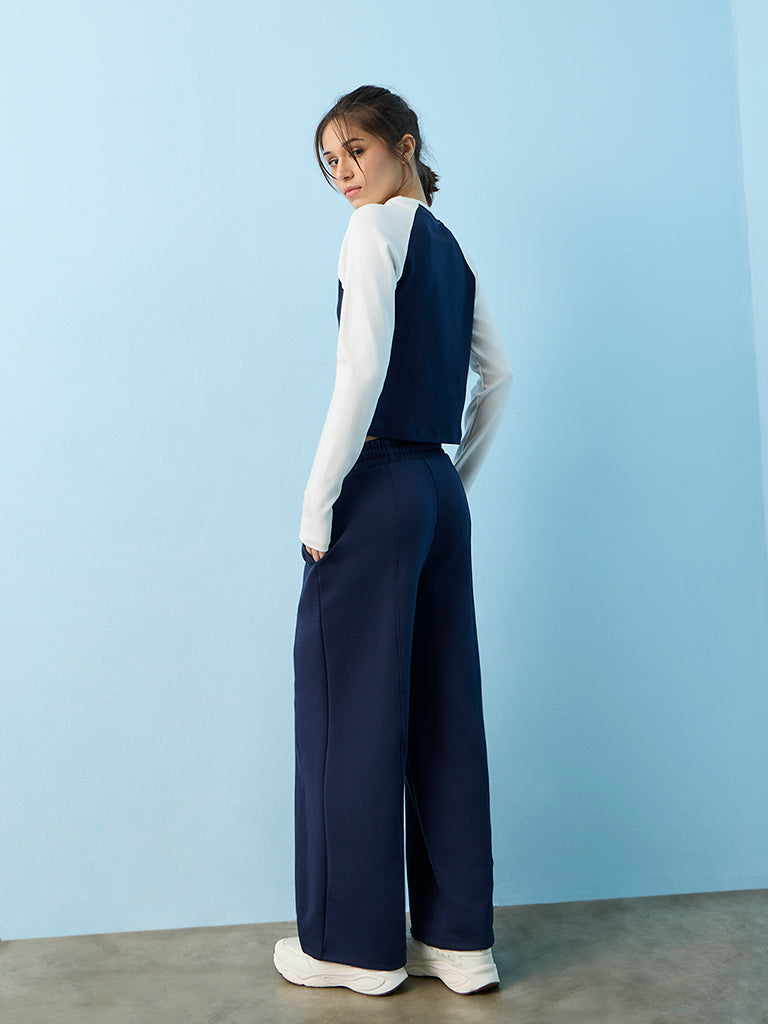 Nuoflexx Navy Piping Detail High-Rise Flared Track Pants
