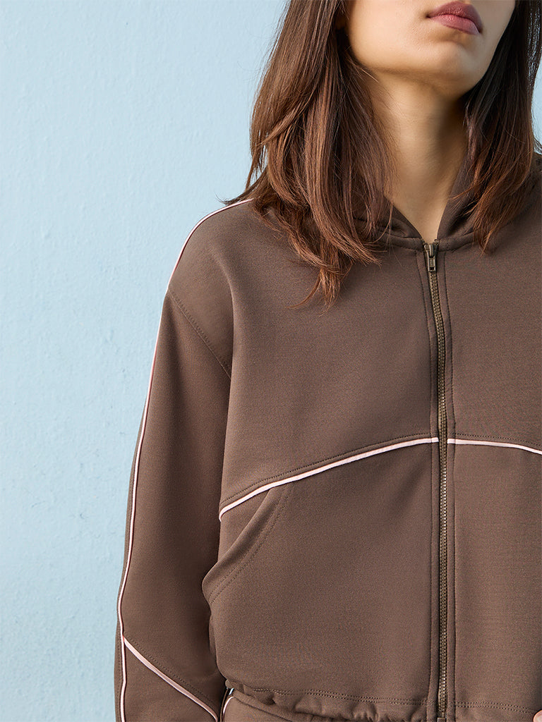 Nuoflexx Brown Piping Detail Hooded Jacket