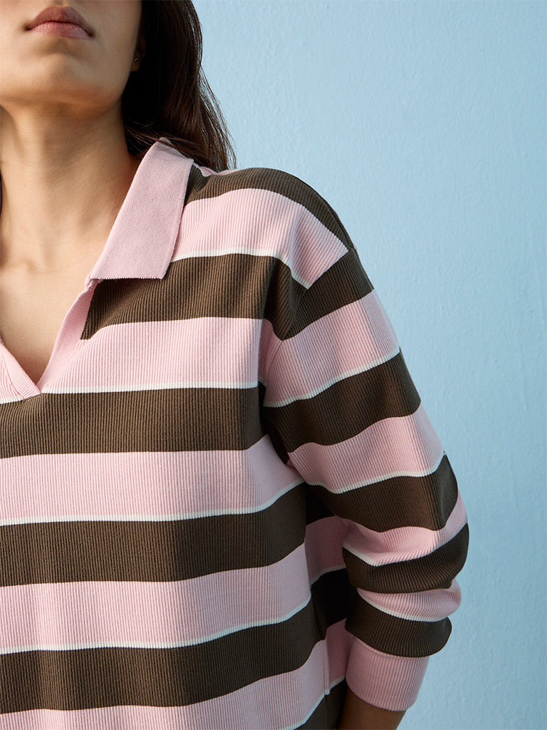 Nuoflexx Olive and Pink Striped Cotton-Blend T-Shirt