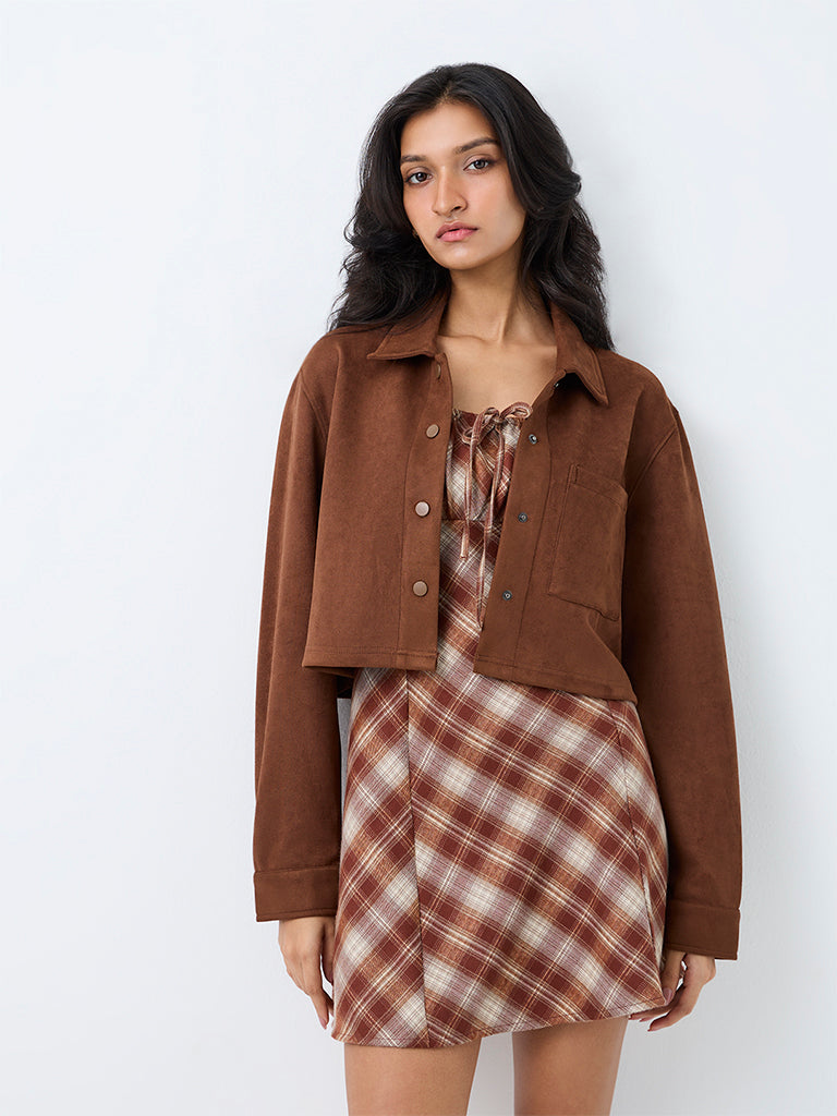 Nuon Brown Solid Suede Crop Jacket