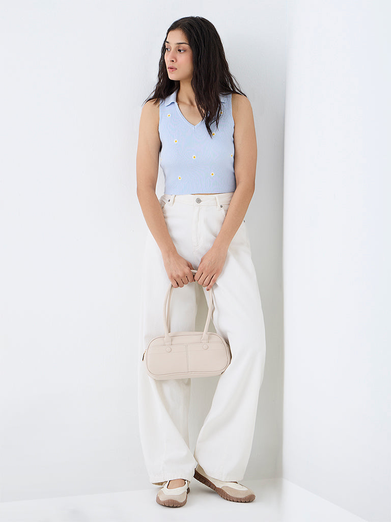 Nuon Light Blue Floral Embroidered Ribbed Top