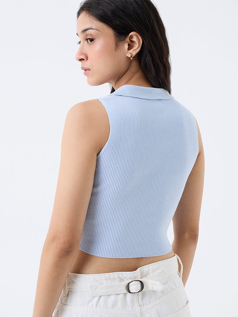 Nuon Light Blue Floral Embroidered Ribbed Top