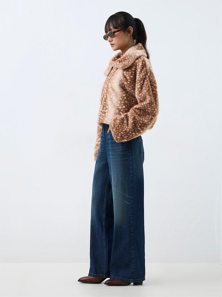 Nuon Brown Animal Printed Faux Fur Jacket