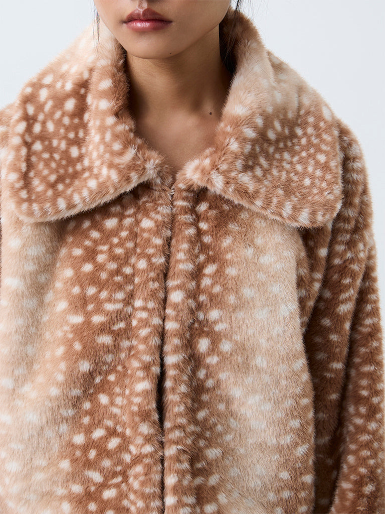 Nuon Brown Animal Printed Faux Fur Jacket