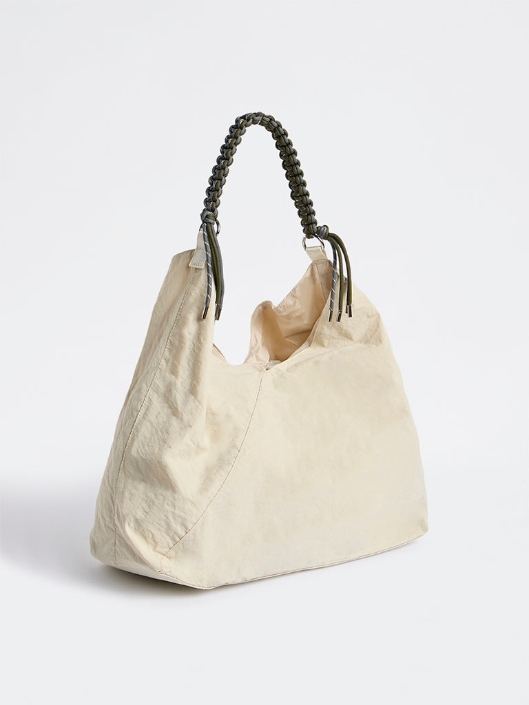 Westside Light Beige Braided-Strap Slouchy Shoulder Bag