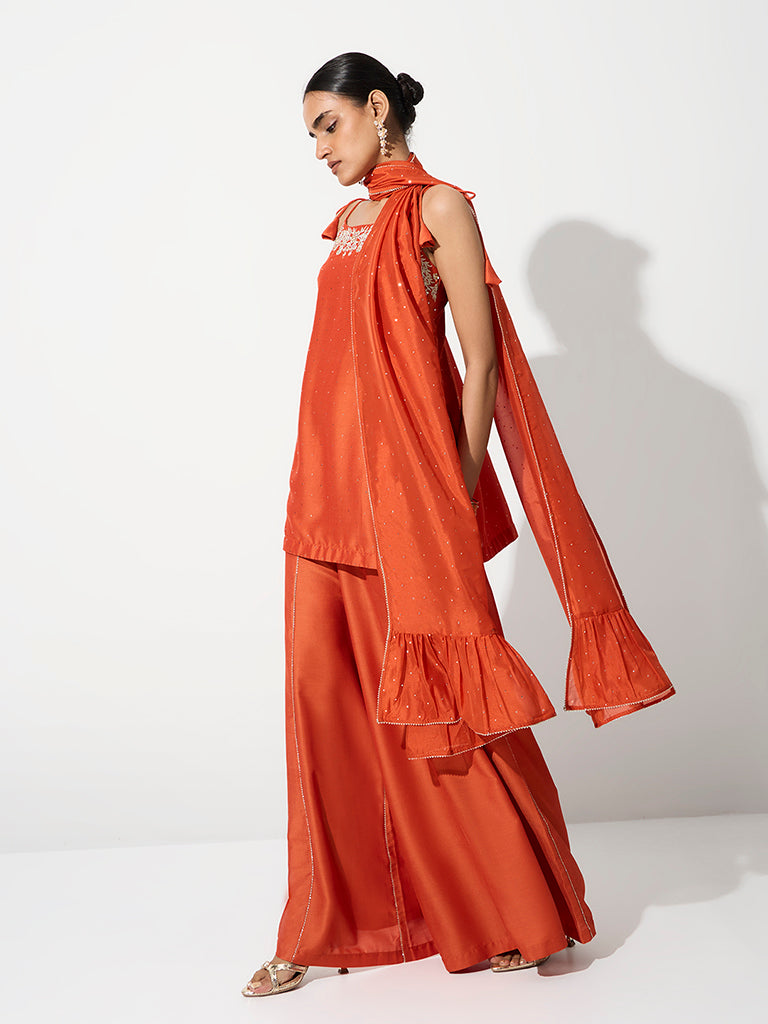 Vark Orange Floral Embroidered Tunic and Palazzos Ethnic Set
