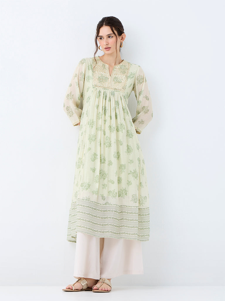 Utsa Light Green Floral Printed Empire-Line Kurta