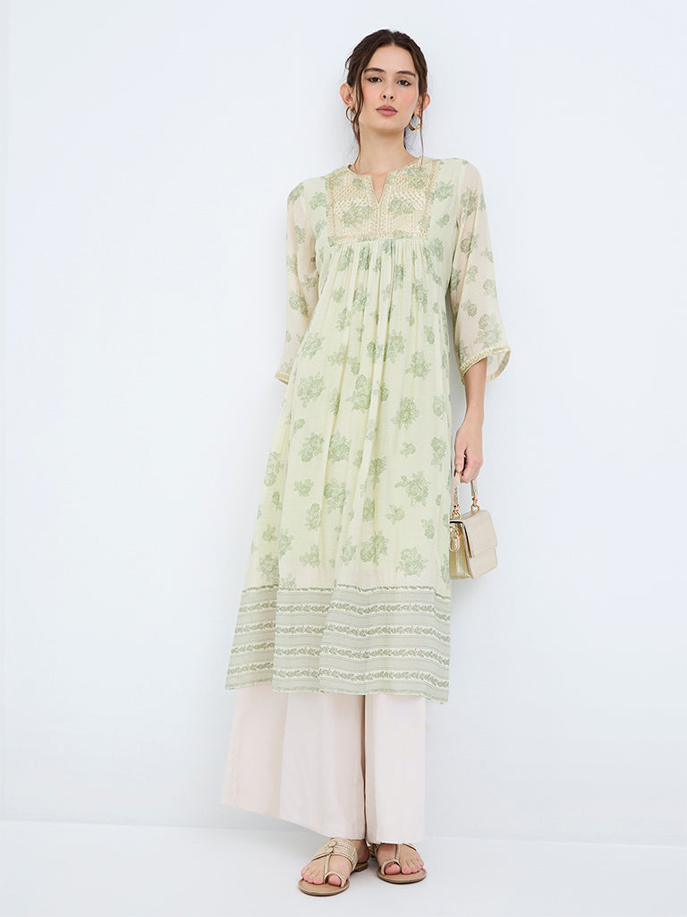 Utsa Light Green Floral Printed Empire-Line Kurta