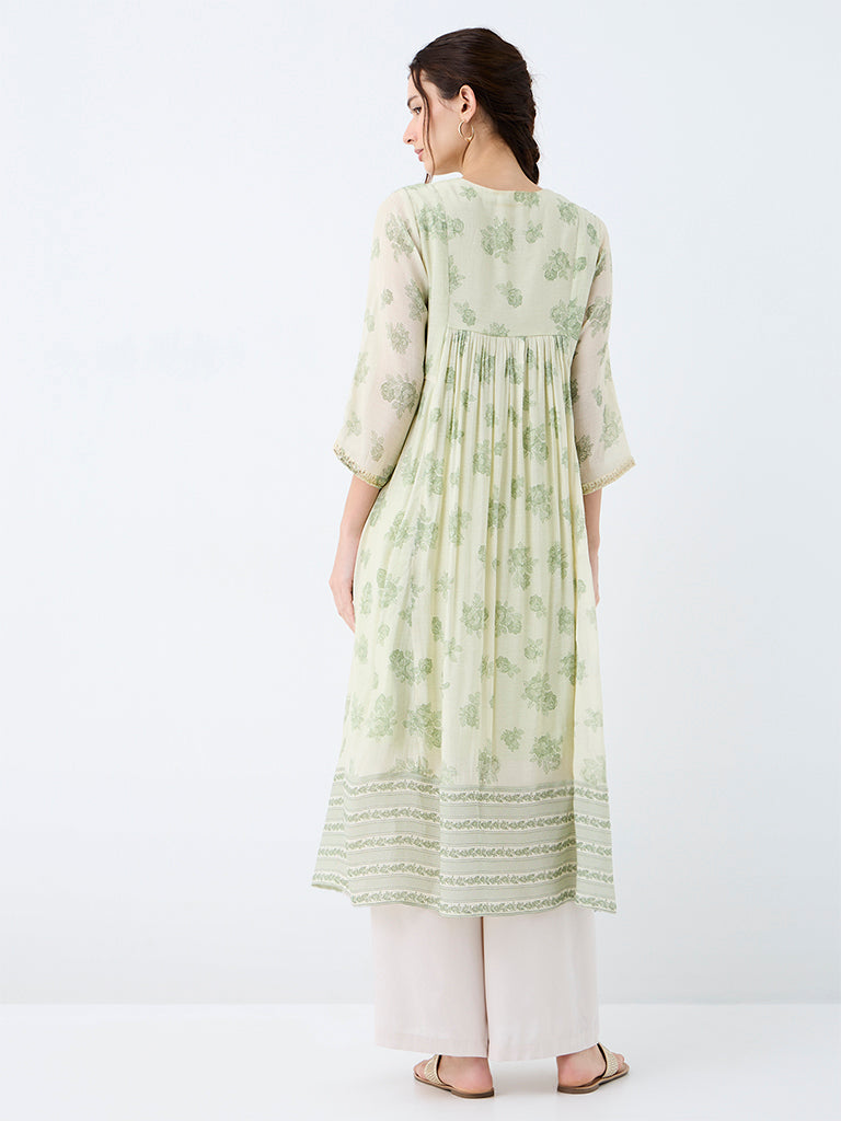 Utsa Light Green Floral Printed Empire-Line Kurta