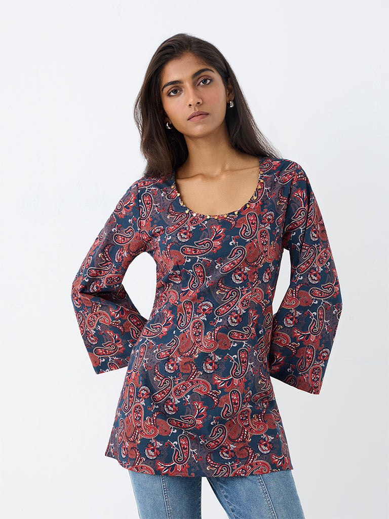 Utsa Red Paisley Printed Cotton Tunic