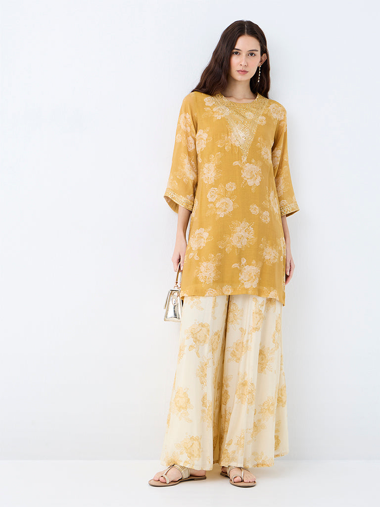 Utsa Light Yellow Floral Printed Palazzos