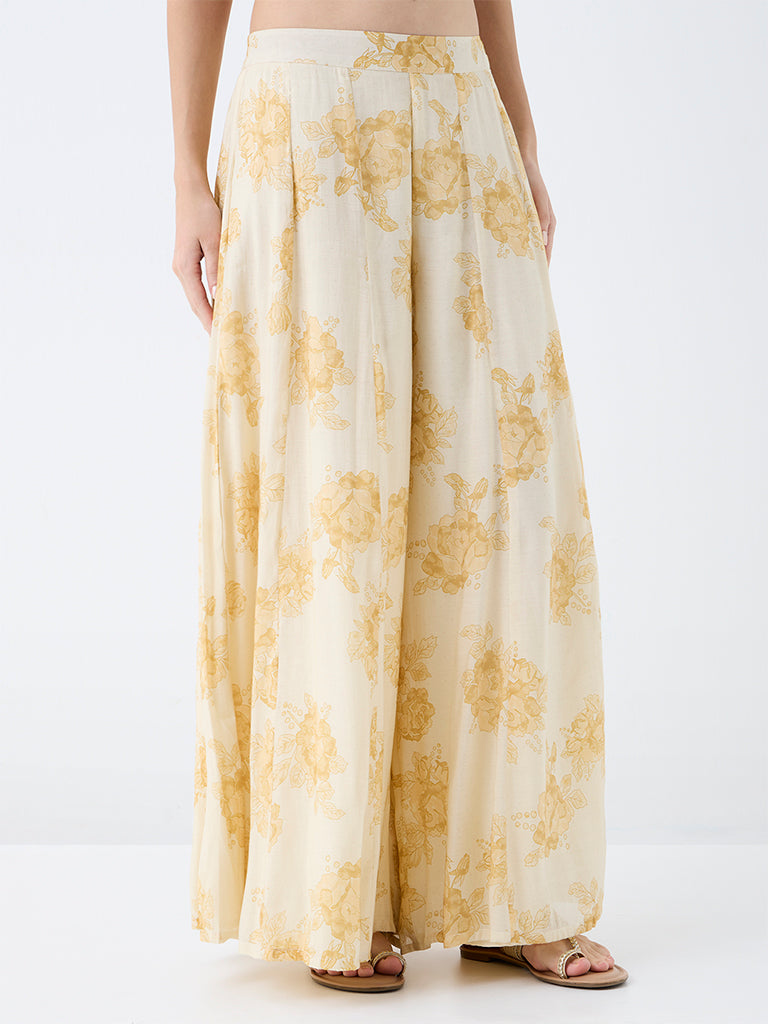 Utsa Light Yellow Floral Printed Palazzos