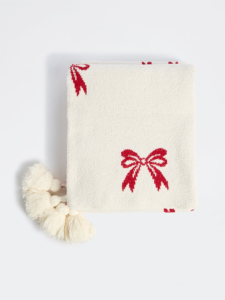 Westside Home Off-White Bow-Patterned Throw with Tassels