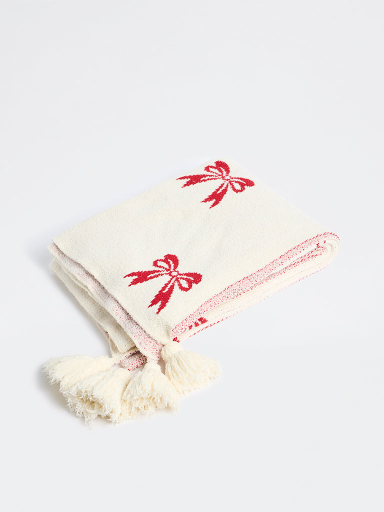 Westside Home Off-White Bow-Patterned Throw with Tassels