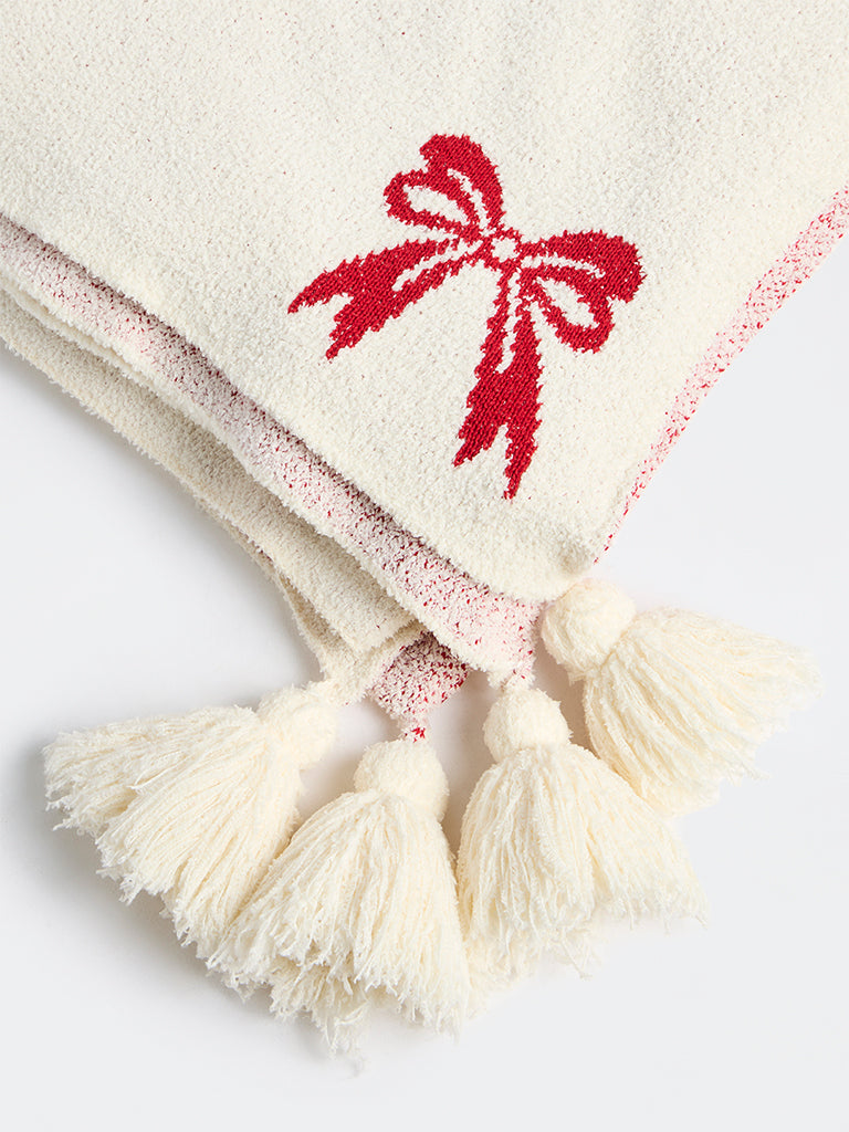 Westside Home Off-White Bow-Patterned Throw with Tassels