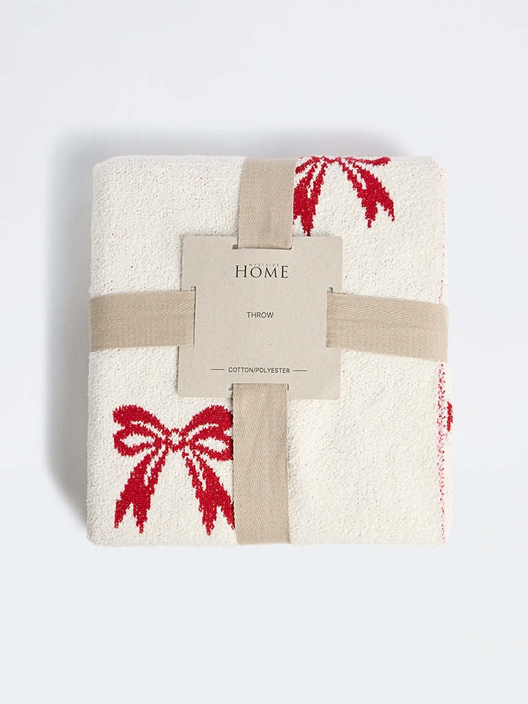 Westside Home Off-White Bow-Patterned Throw with Tassels