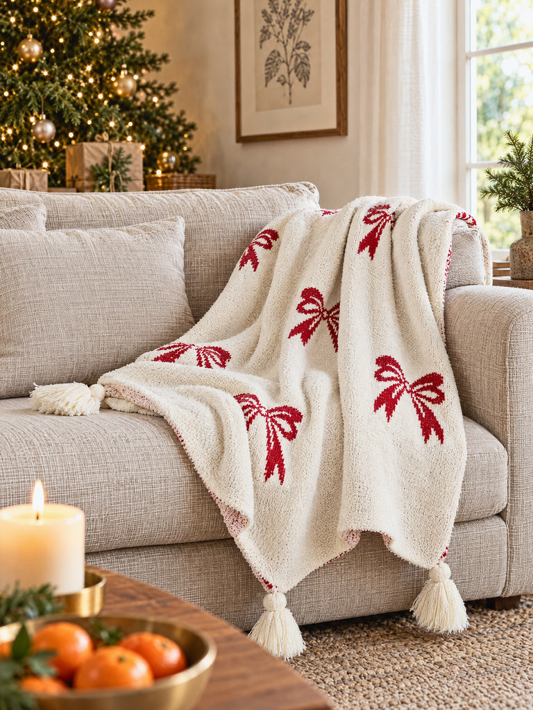 Westside Home Off-White Bow-Patterned Throw with Tassels