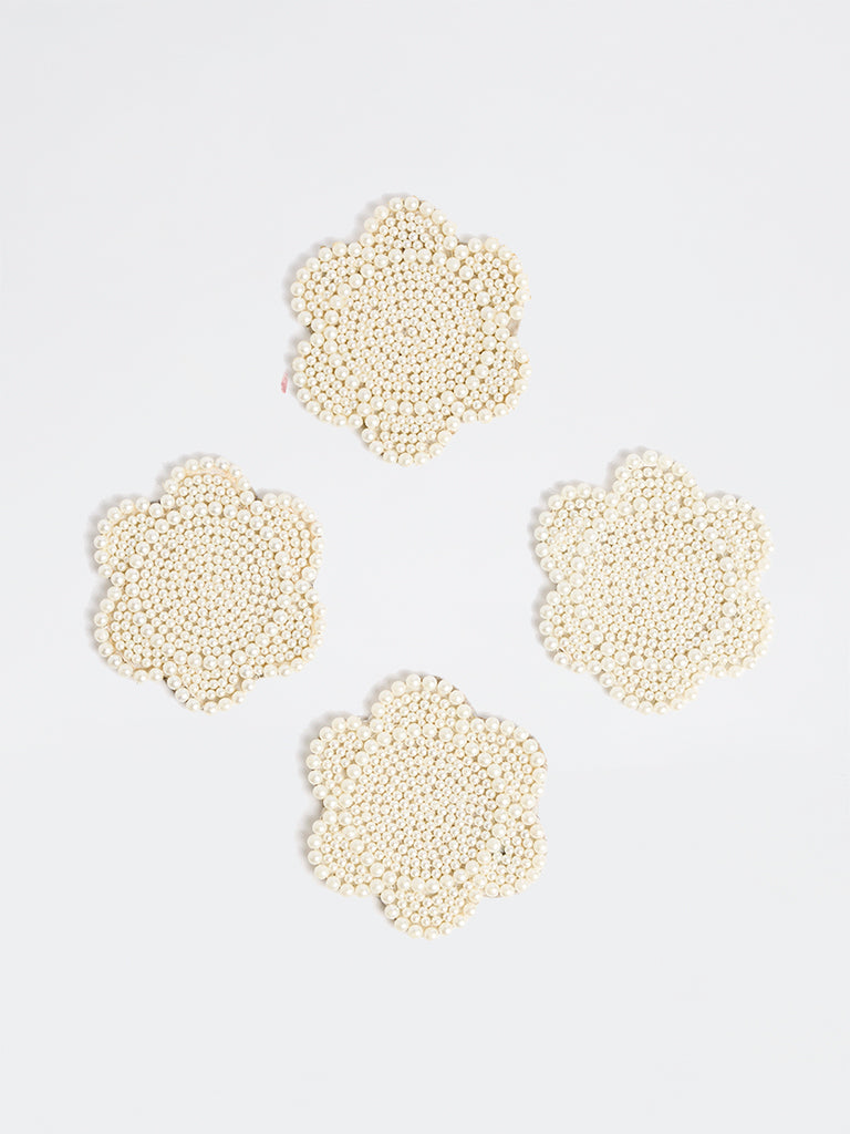 Westside Home White Pearlescent Floral Design Coasters - Set of 4