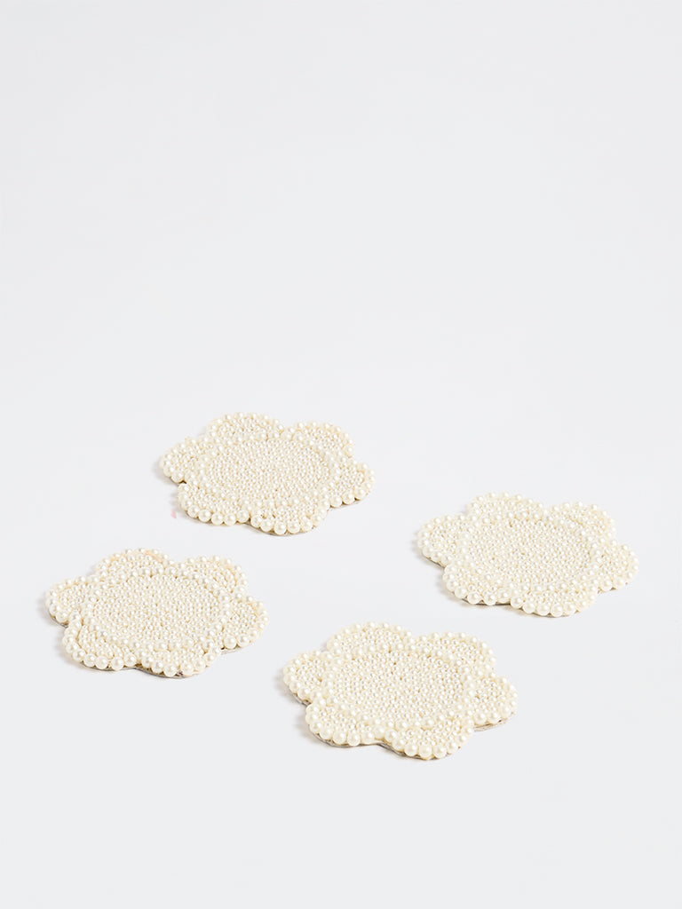 Westside Home White Pearlescent Floral Design Coasters - Set of 4