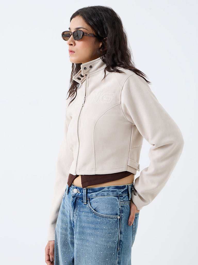 Nuon Off-White Text Embroidered Suede Jacket