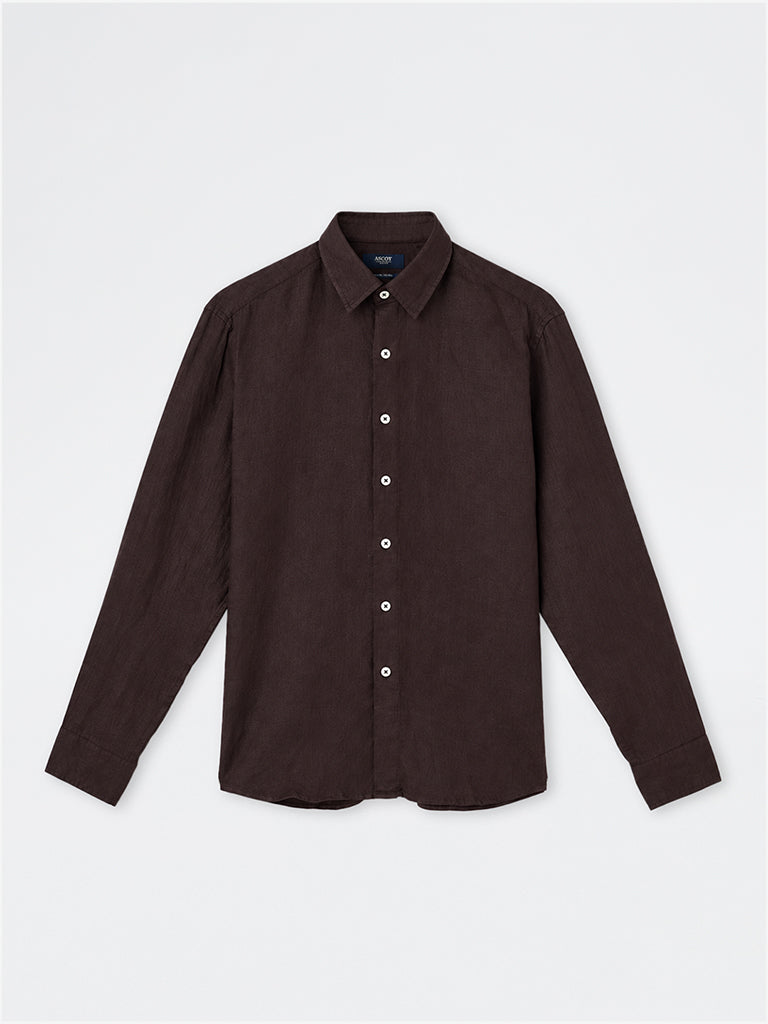 Ascot Dark Brown Solid Relaxed-Fit Linen Shirt